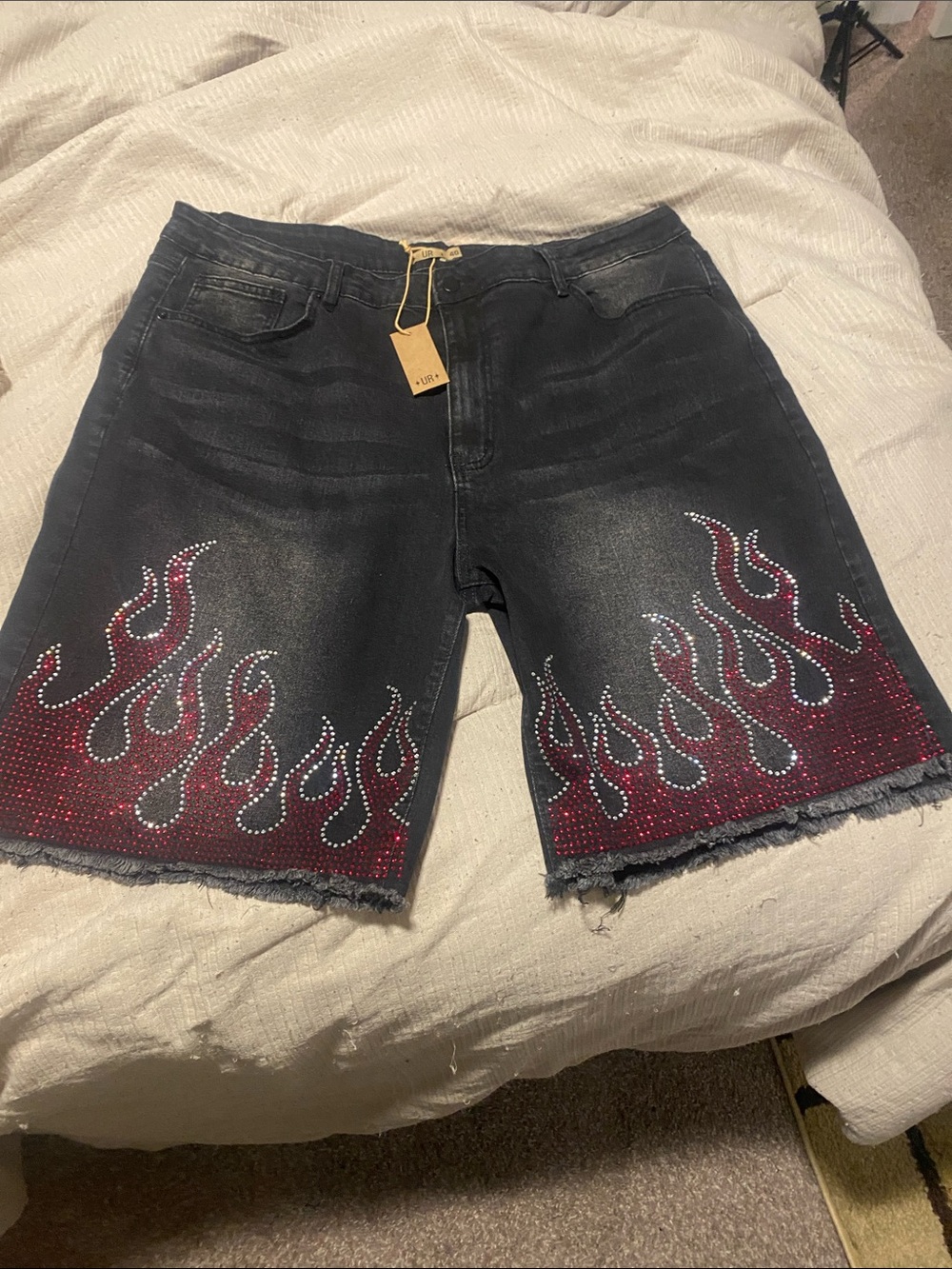 Black Denim Flame Embellished Shorts